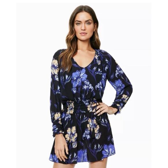 RAMY BROOK MINI DRESS MILENE 100% SILK BLUE FLORAL RUFFLE SMOCKED WAIST SZ S - Picture 3 of 16